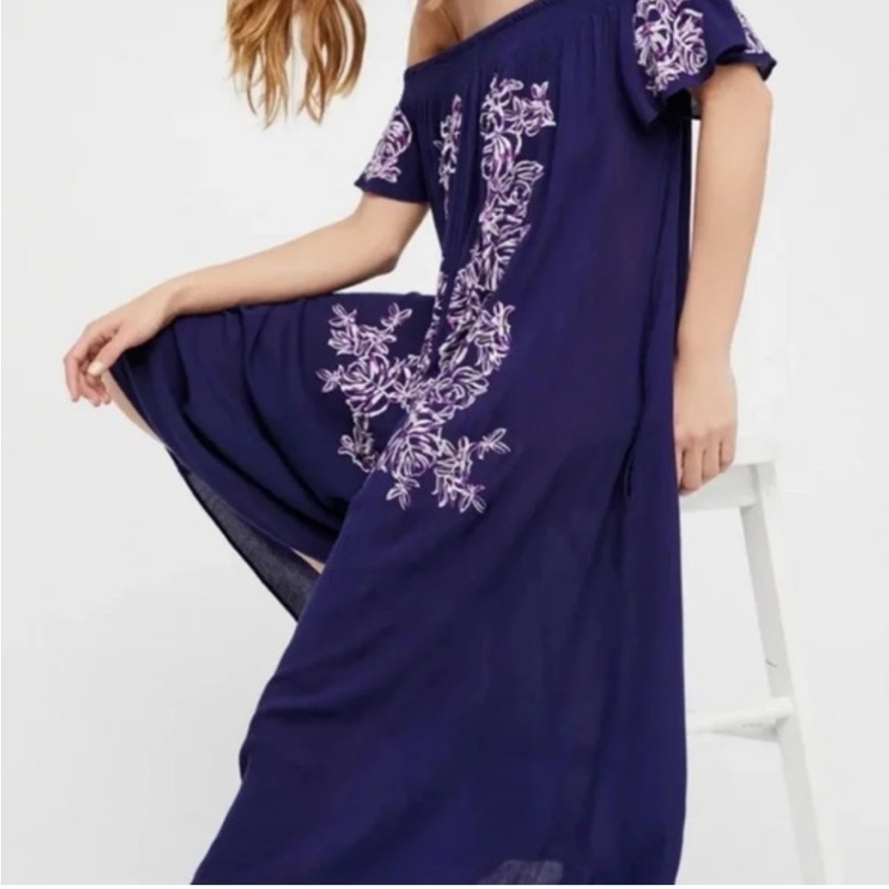 FREE PEOPLE The High Road blue embroidered romper jumpsuit oversized XS - Picture 2 of 11